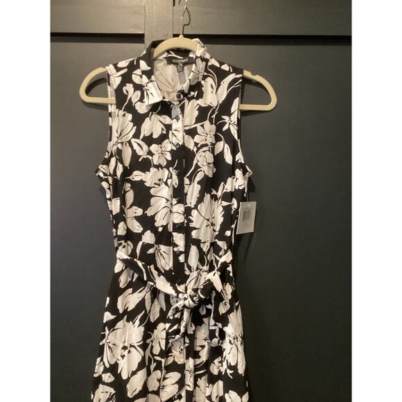 Ellen Tracy Sleeveless midi Shirt Dress Self Tie Sash black white floral blossom - Picture 11 of 12